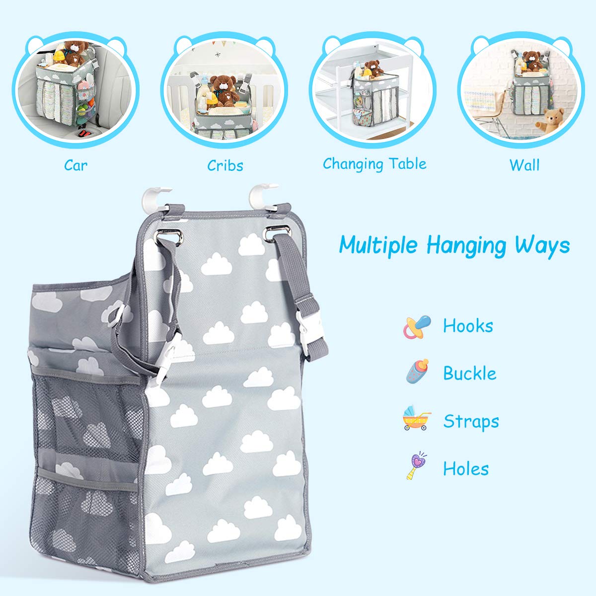 Elebor Nursery Organizer and Baby Diaper Caddy, Hanging Diaper Stacker Storage for Changing Table, Crib, Playyard or Wall - Nursery Organization & Baby Shower Gifts for Newborn (Coud)