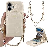 Hanman Leather Wallet Case with Wrist Strap for iPhone 16 Plus,RFID Blocking PU Leather Zipper Purse Case for iPhone 16 Plus,Crocodile Leather Wallet & Card Holder Case Beige