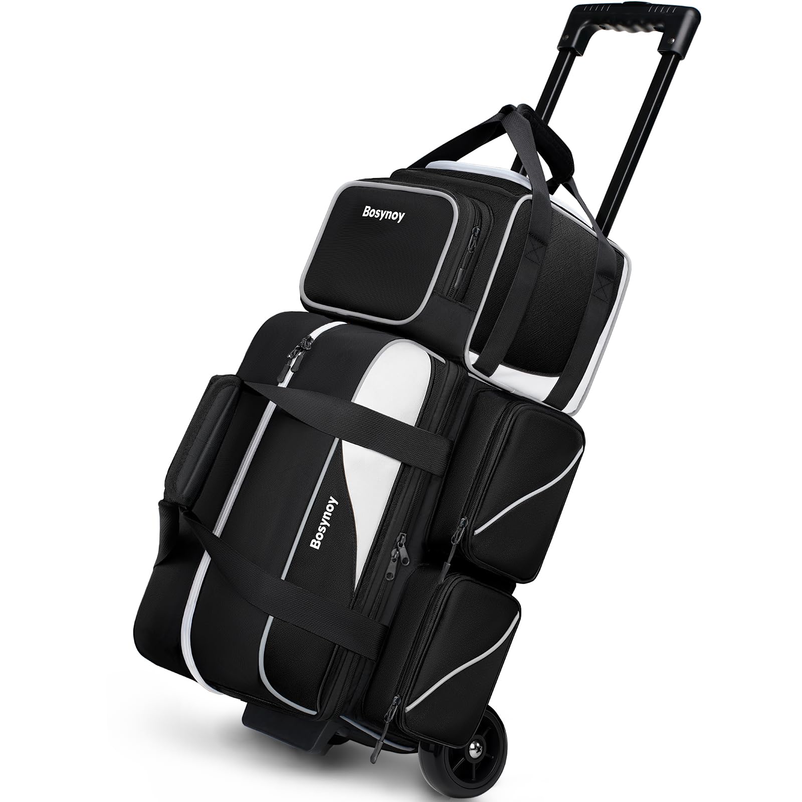 Photo 1 of Bosynoy 3 Ball Bowling Bags with Wheels, Single Ball Tote+2 Ball Bowling Bag with Shoe Compartment (Up to US Men Size 16), Bowling Ball Bag 3 Ball Roller with Insulated Pockets, Black