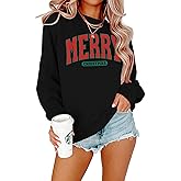 APRFLOWER Merry Christmas Sweatshirts Women Classic Merry Letter Print Sweatshirts Xmas Holiday Party Pullover Blouse