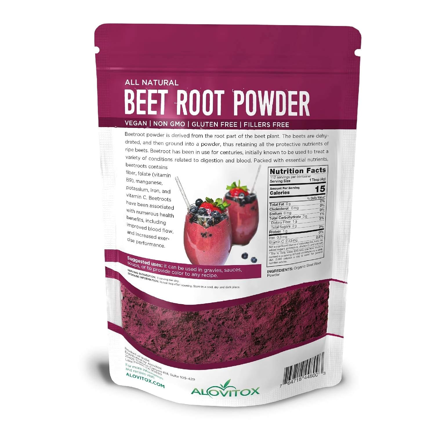 Alovitox Organic Beet Root Powder 16 oz Raw Vegan & Gluten Free (Beet Root Powder, 16 oz): Health & Personal Care