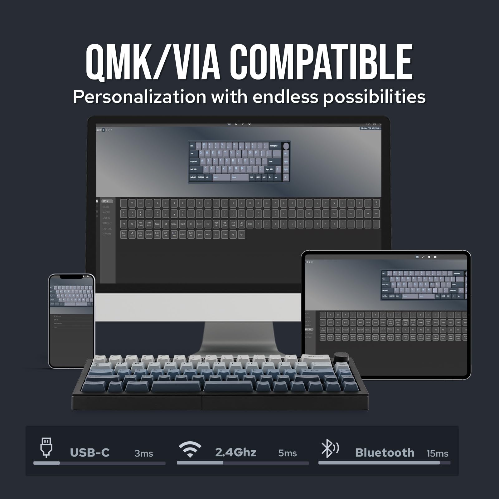 EPOMAKER Split65 QMK/VIA Programmable Keyboard, Wireless Mechanical Keyboard in 2.4Ghz/Bluetooth/Type-C, Ergonomic Gaming Keyboard in Split Layout with RGB Backlit (Wisteria Linear Switch)