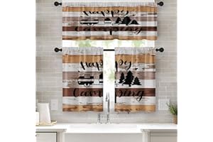 Nesphy Camper Kitchen Curtains RV Window Curtains Valance and Tier Set 36 Inch, Brown Wooden Boards Vintage Rod Pocket Short Tier Curtain for Bedroom Living Room, Farmhouse Small Cafe Kitchen Decor