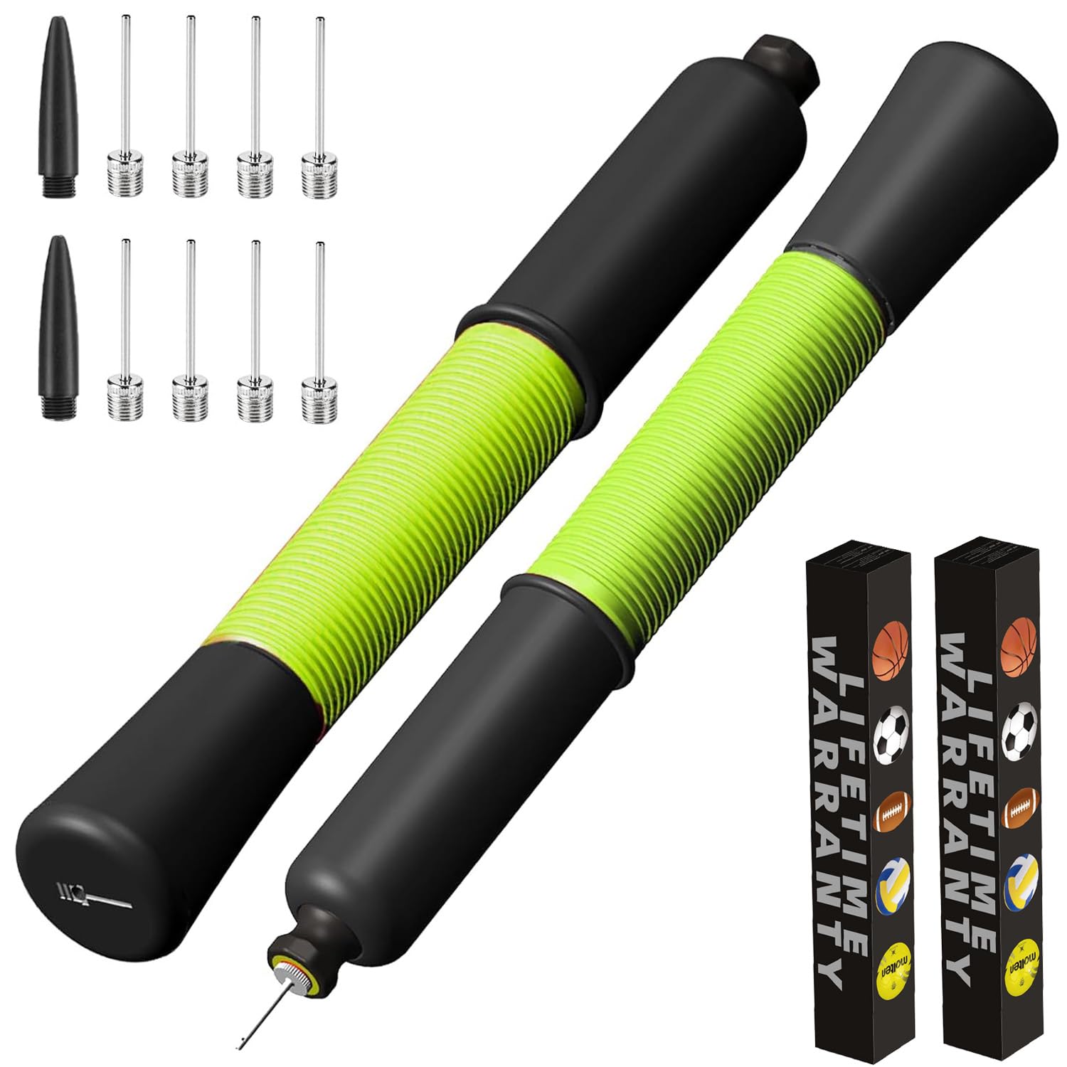 Ball Pump with Needle Storage(Never Lose Pin) Football Pump with 5 Needles and Extendable Cable, Soccer Football, Volleyball Rugby Ball Inflator - Great for All Balls - 2 Pack