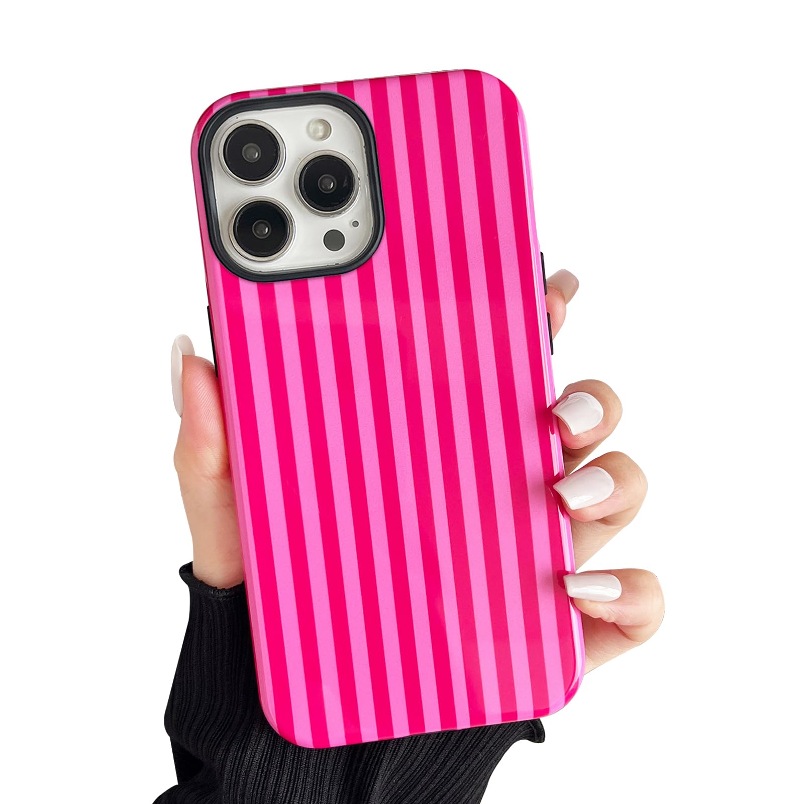 CHEDEMK Compatible with iPhone 15 Pro Max Case, Cute Fashion Aesthetic Striped Pattern Cover for Women, Shockproof Soft TPU and Hard PC Protective Phone Case for iPhone 15 Pro Max 6.7"- Hot Pink