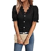 LUXVEER Women Lace Tops Summer V Neck Dressy Casual Button Down Blouses Ruffle Short Sleeve Business Work Shirts