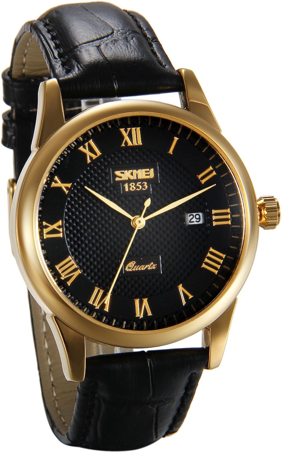 JewelryWe Men's Business Quartz Watch with Roman Numeral Dial and Round Calendar and Black Leather Alloy Strap with Gift Bag