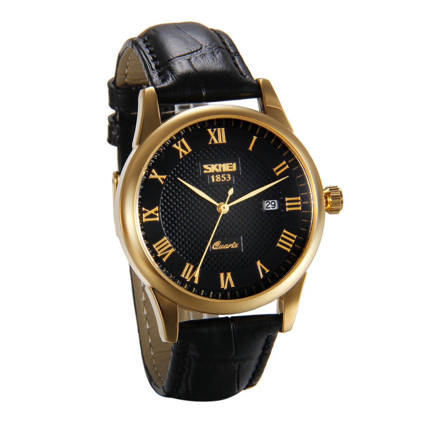 JewelryWe Men's Business Quartz Watch with Roman Numeral Dial and Round Calendar and Black Leather Alloy Strap with Gift Bag