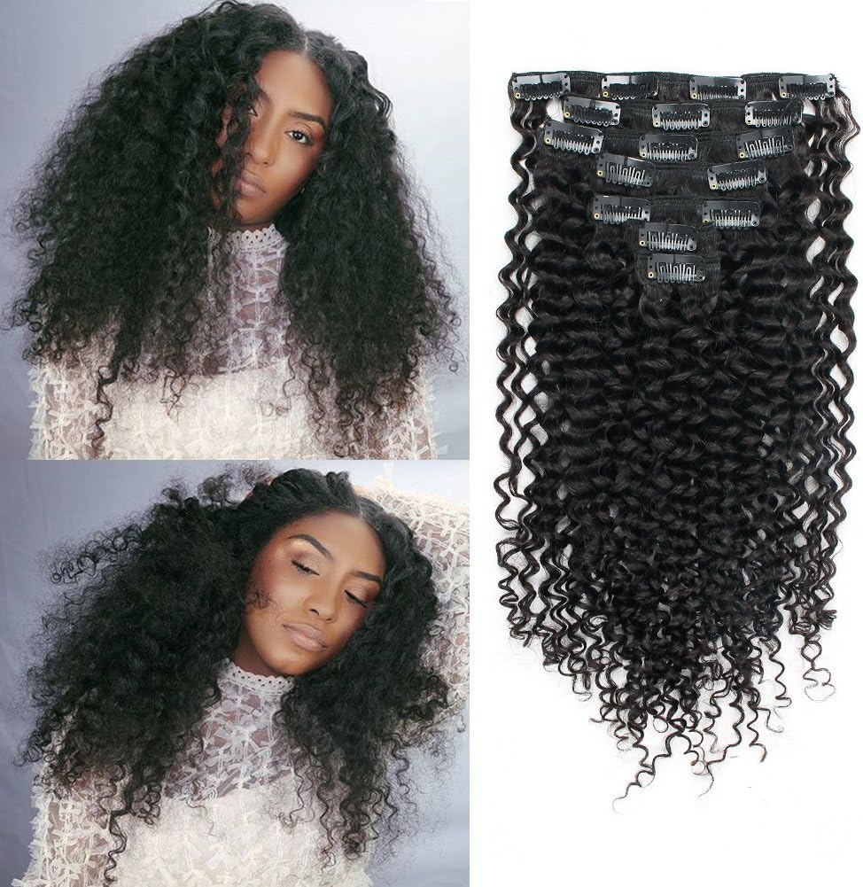 Sassina 100% Real Thick Human Hair Clip In Extensions Jerry Curl Style Natural Looking Double Wefts For Full Head For Black Women 7Pcs/lot 120Grams/set With 16 Clips JC 10 Inch