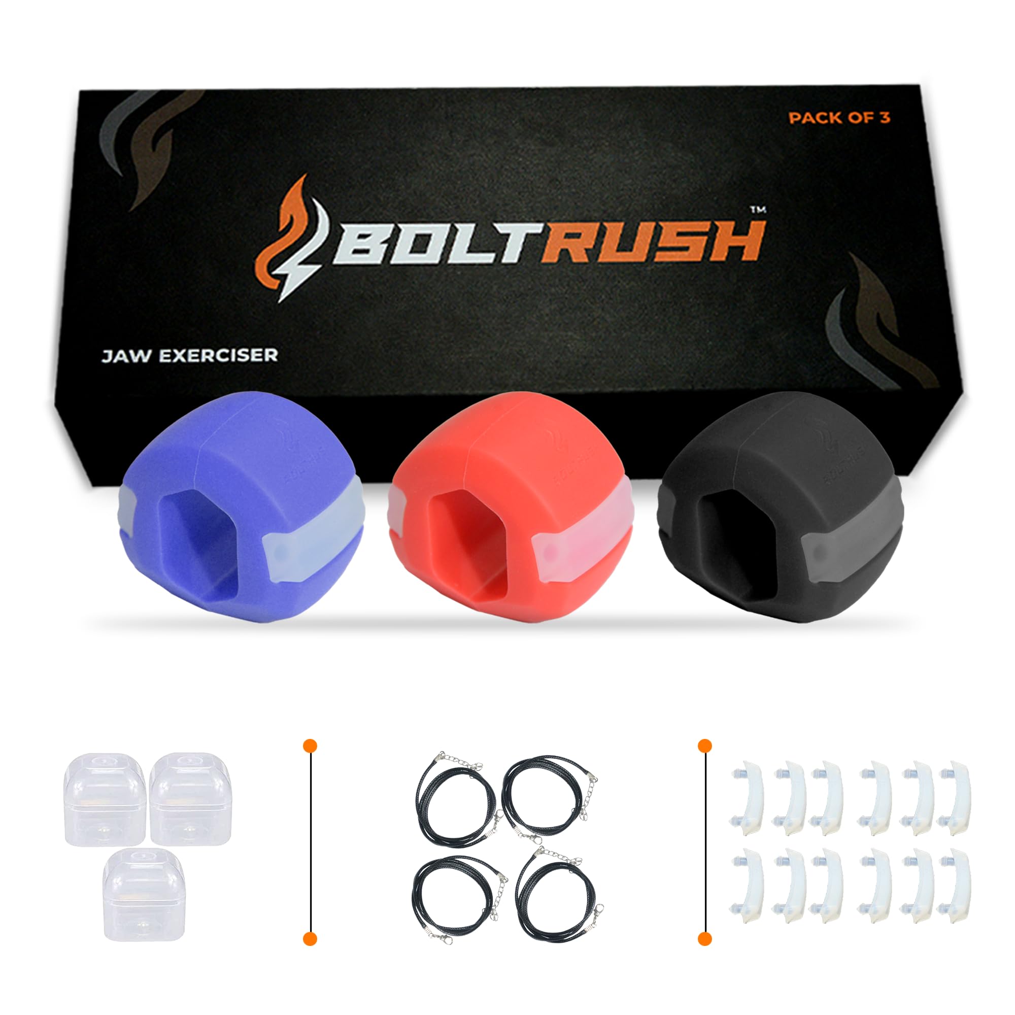 BOLT RUSH Jaw Exerciser (Pack of 3), Jaw Trainer for Jawline,3 Levels of Resistance - Includes 12 x Biting Strips, 4 x Neck Straps, Jaw Toner for Face