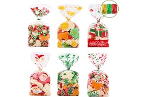 VEYLIN 120Pcs Christmas Cellophane Goody Bags, Xmas Cello candy Bags with Ties for Holiday Party Favors
