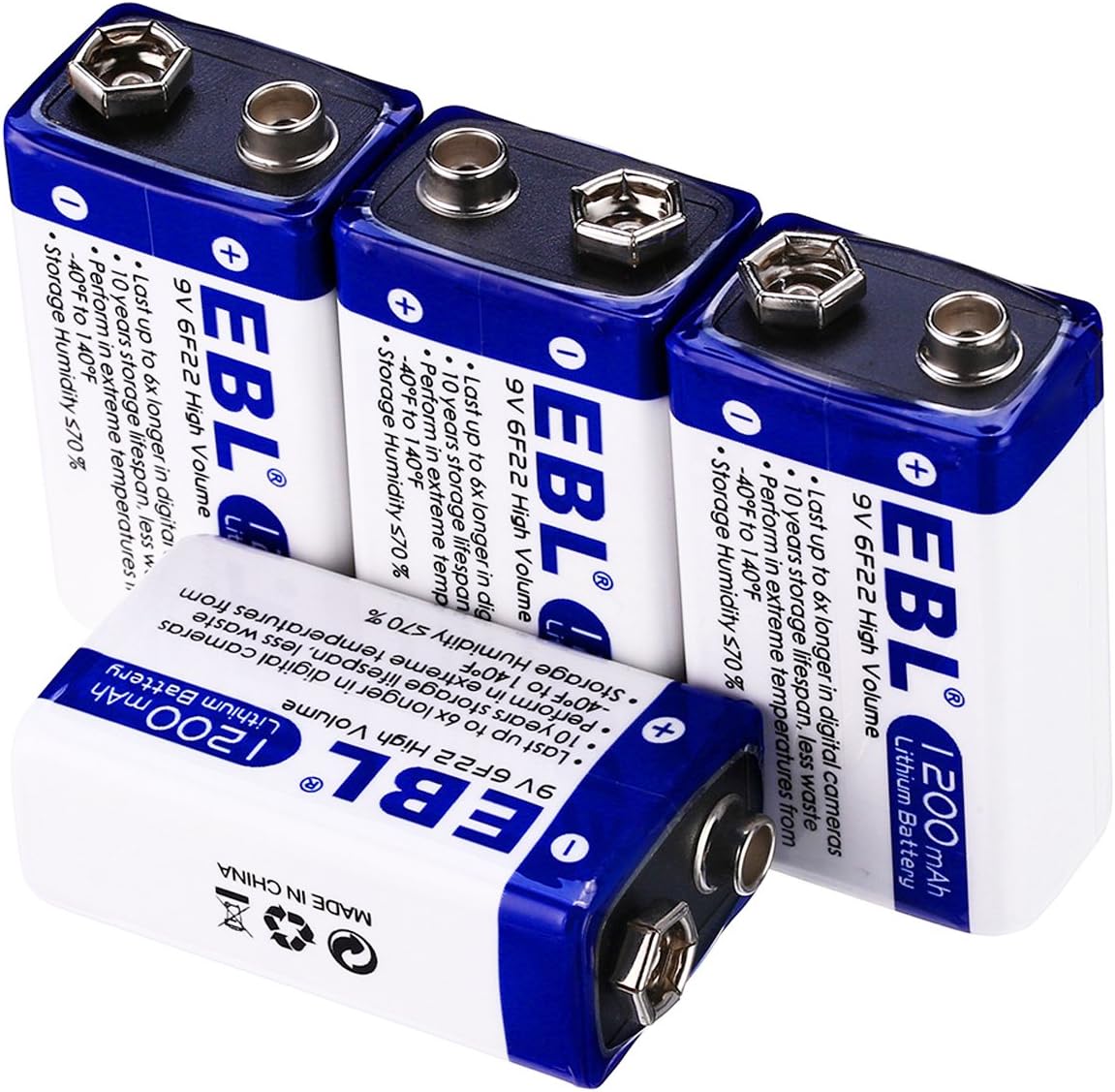 EBL Advanced 9V 1200mAh Lithium Batteries (Non-Rechargeable), 4 Packs