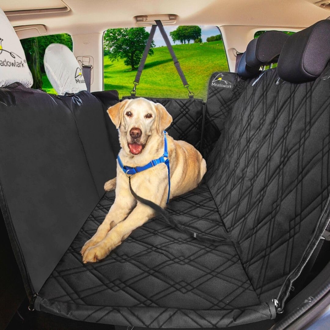 meadowlark premium hammock dog car seat cover back seat, pet cover car seat protector, non-slip, dog stuff, anti shock, water repellant, pet car seat cover for dogs w/seat belt & 2 headrest covers 58" l x 54" w with seat belt beige