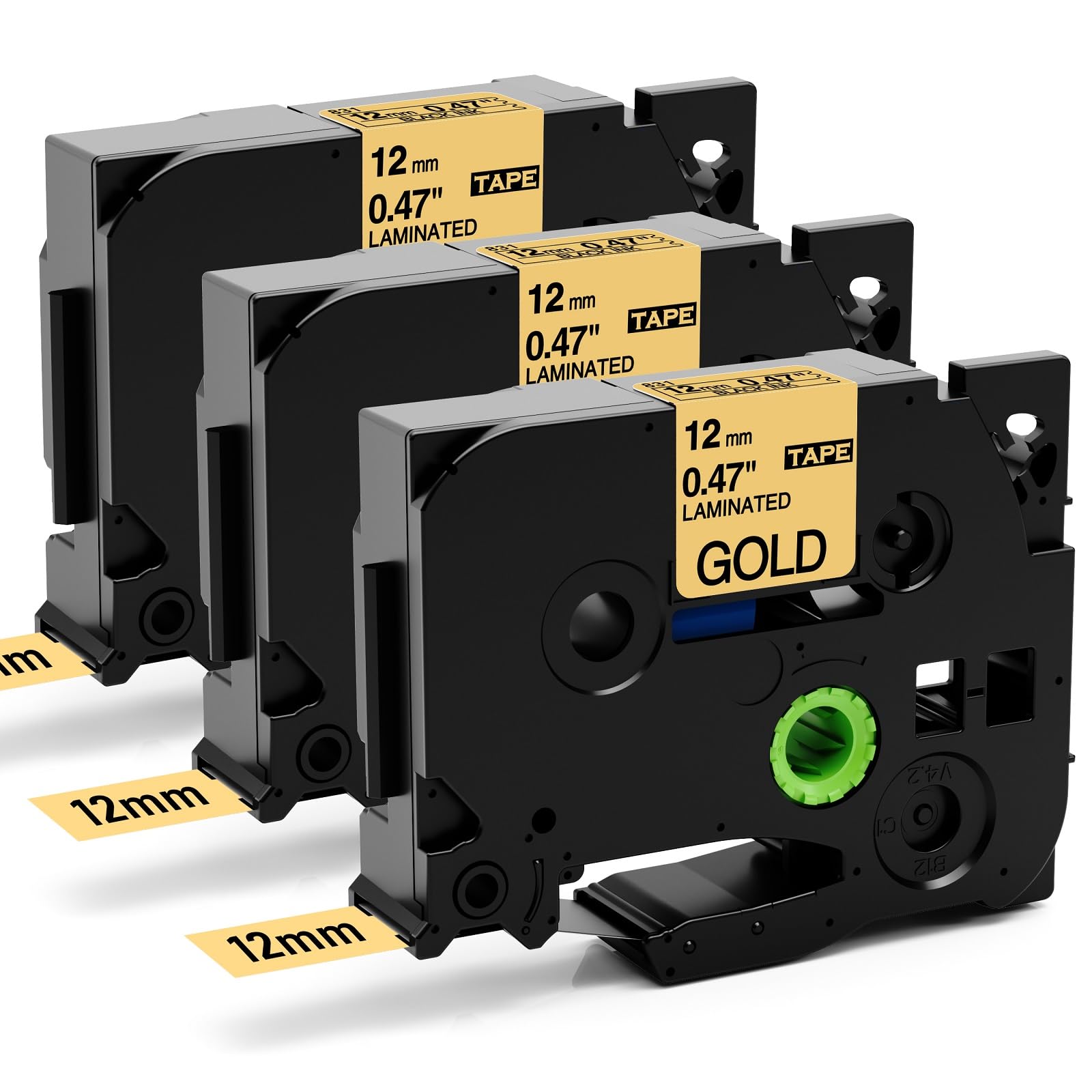 Aken Compatible with Brother Label Printer Tape 12mm Gold TZe-831 TZe831 AZe831 for Brother P Touch 1000 H100LB H100 H107B P300BT D210, 3 x Compatible with P Touch TZe Black on Gold Tape