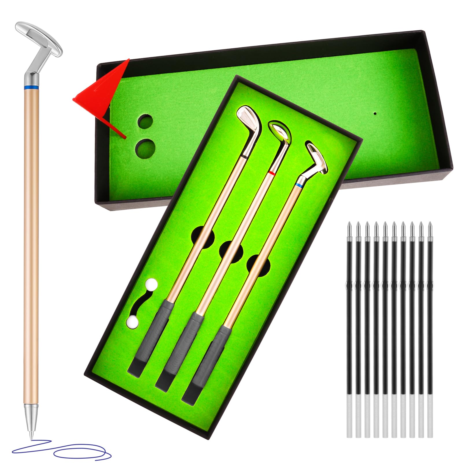 FRIUSATE Golf Pen Set, Mini Golf Ballpoint Pen Golfers Gift Box Set with 10 pcs Refills for Father's Day, Valentine's Day, Business, Christmas, xl