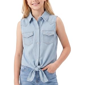 Spring&Gege Girls Denim Western Pearl Snap Shirt Sleeveless Cowgirl Tie Knot Crop Button Down Shirt Wrinkle Free Blouse Top