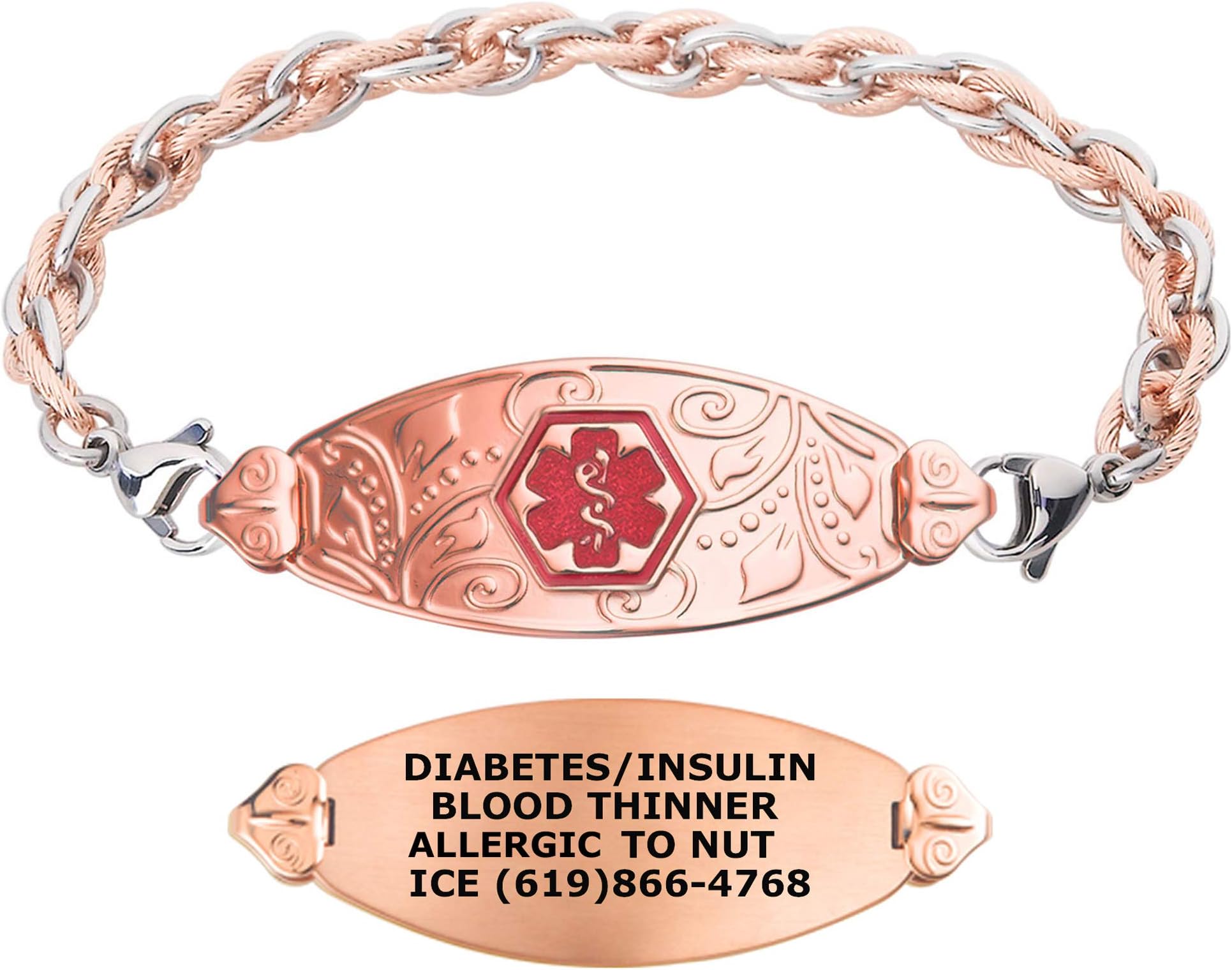 DivotiCustom Engraved Medical Alert Bracelet for Women | Filigree Medical ID Bracelet| Mesh Chain with Lobster Claw | Durable, Hypoallergenic & Stainless Steel-PVD Rose Gold