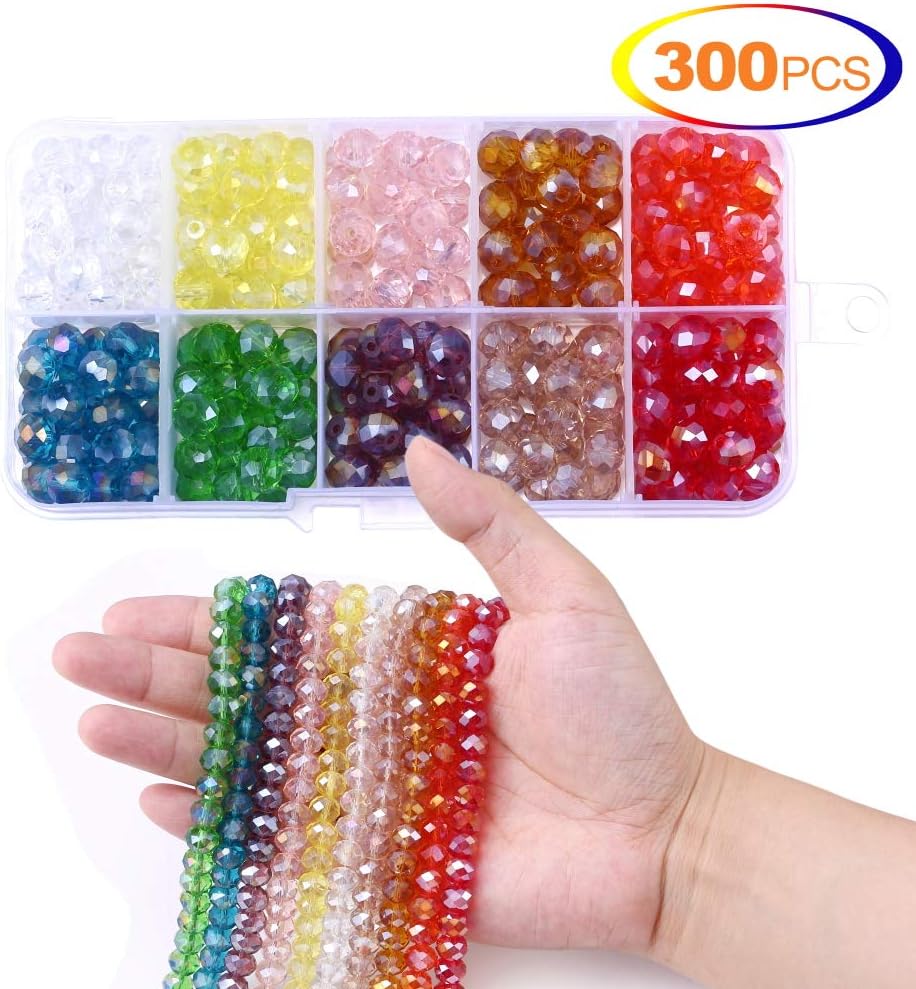 300Pcs Faceted Rondelle Shape AB Beads,8mm Briolette Crystal Loose Beads Beading Decor Jewelry Making with Container Box