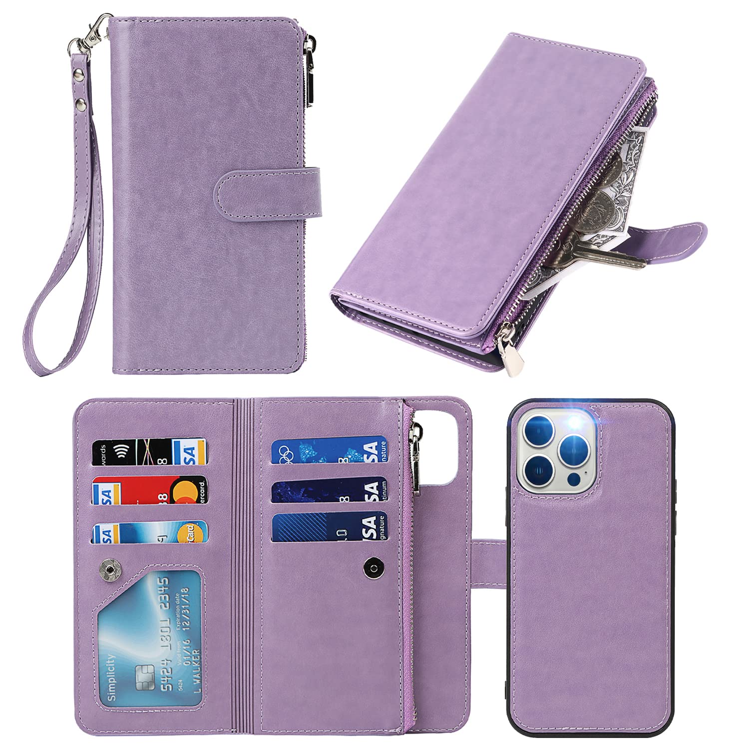 Photo 1 of ?????? for iPhone 13 Pro Max Wallet Case Detachable Phone case Wallet iPhone 13 pro max,for iPhone 13 Pro Max Phone case with Card Holder,Flip Zipper Wallet case for Women-Purple