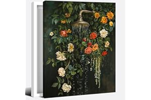 Dark Green Floral Bathroom Canvas Wall Art Vintage Botanical Bath Shower Poster Rustic Wildflower Print Moody Plant Artwork P