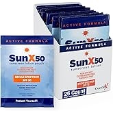 CoreTex Sun X 50 SPF Broad Spectrum Sunscreen Packets - Pack of 25 Paraben, Oxybenzone, Octinoxate, & Oil Free Sunscreen - No White Cast and Water Resistant Up to 80 Minutes