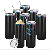 YOUKE OLA 8 Pack Rainbow Plated Stainless Steel Tumbler Straight Double Wall Powder Coated for Laser Engrave, 20oz Black To Iridescent