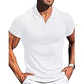 Vuiosrx Men's Collared Muscle Polo Shirts Slim Fit Short Sleeve V Neck T Shirts Men Zipper Ribbed Golf Shirt Casual Stylish