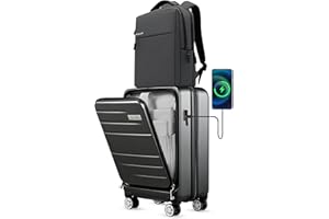 LUGGEX Carry On Luggage Set with Backpack - Polycarbonate Hard Shell Suitcase with Pocket Compartment & USB Port - Travel Luggage with Spinner Wheels (Black, 20 Inch)