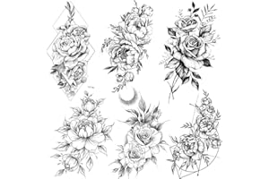 COKTAK 6 Pieces/Lot 3D Realistic Large Black Rose Flower Temporary Tattoos For Women Body Art Arm Big Peony Geometric Tattoo Stickers Adults Fake Waterproof Tatoo Legs Sketch Sexy Girl Peach Lily