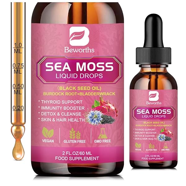 B BEWRTHS SEA MOSS LIQUID DROPS – BLACK SEED OIL & IRISH SEA MOSS GEL WITH BURDOCK ROOT BLADDERWRACK, ELDERBERRY, 6X STRONGER QRGANIC SEAMOSS RAW SUPPLEMENT FOR DIGESTIVE, HAIR HEALTH – VEGAN, 2 FL.OZ