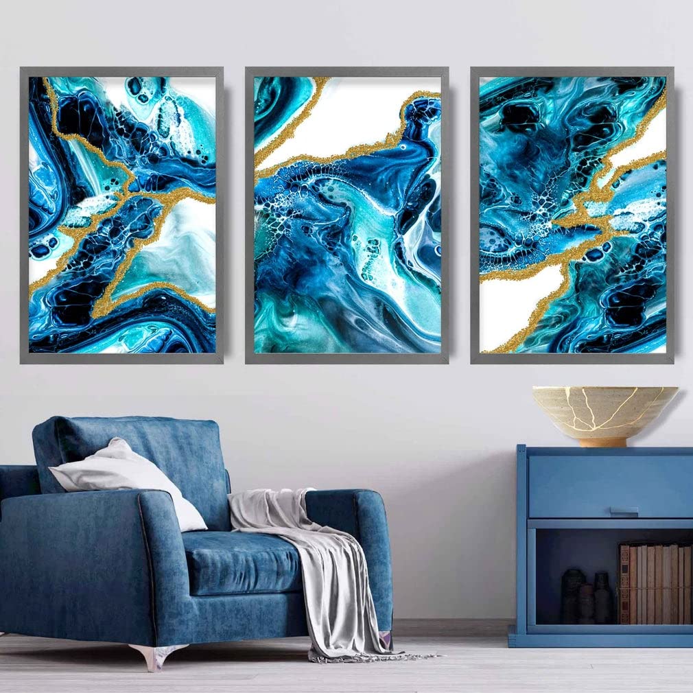 Artze Wall Art Abstract Fluid Art Prints 3-Piece Set, 30 cm Width x 40 cm Height, Blue/Gold