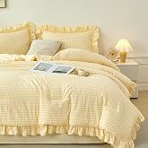 RYNGHIPY Yellow Gingham Comforter Set 5 Pcs Plaid Ruffle Full Bed in a Bag | Vintage Farmhouse Grid Bedding Set Soft Lightweight Checkered Bed Set with Sheets Pre-washed Microfiber Bedding