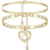YANODA Initial Ankle Bracelets for Women 14K Gold Plated Layered Figaro Chain Letter Initial Anklets Handmade Layered Heart Ankle Bracelets Personalized Jewelry for Women