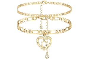YANODA Initial Ankle Bracelets for Women 14K Gold Plated Layered Figaro Chain Letter Initial Anklets Handmade Layered Heart Ankle Bracelets Personalized Jewelry for Women