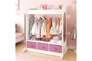 COSVALVE JOYLDIAS Kids Dress Up Storage with Mirror and Drawers, Kid Armoire Dresser, Pretend Storage Closet for Kids, Costume Wardrobe with Top Shelf for Playroom Bedroom, Lovely White
