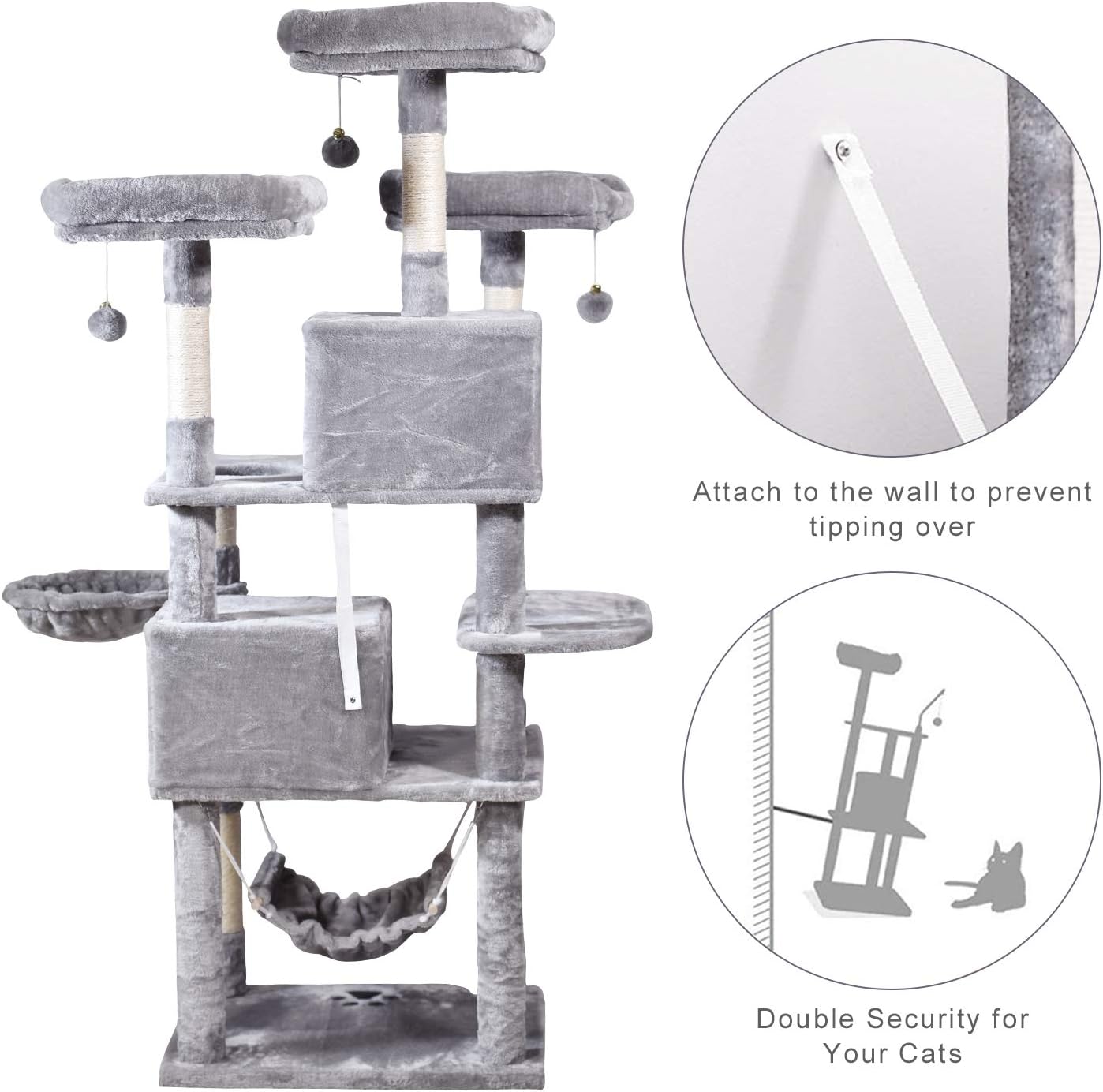 MQ Multi-Level Cat Tree, Activity Center Cat Tower Furniture 67" with Sisal-Covered Scratching Posts 3Pcs Padded Plush Perches Dual Condo & Basket Removable Hammock for Adult Large Small Cats (Gray) : Pet Supplies