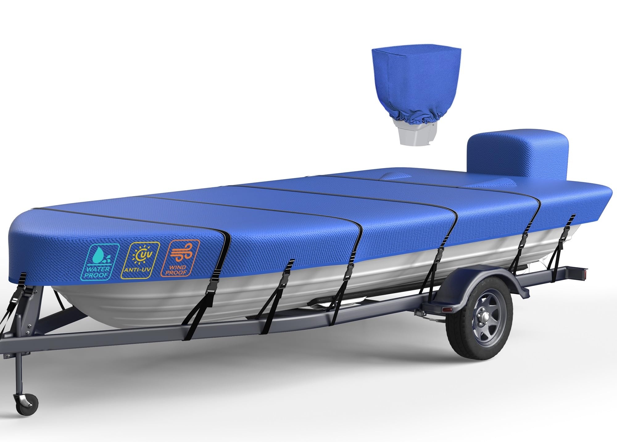 Photo 1 of Heavy Duty 5 Layers 1200D Jon Boat Cover 14ft - 16 ft with Motor Cover, 100% Waterproof Trailerable Jon Boat Covers 14-16 Foot with 9+4 Pcs Windproof Straps