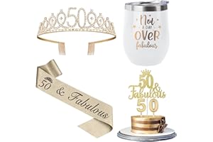 Juesly 50th Birthday Gifts Women Including 12oz Tumbler/Mug for Wine or Coffee, Birthday Crown, Sash, Cake Topper and Candles, 50 Year Old Decorations Gifts Idea