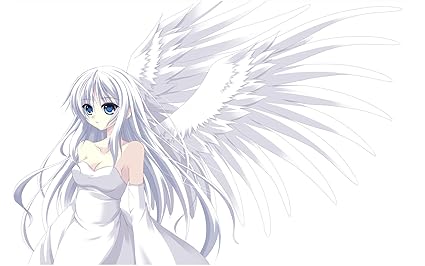 Posterhub Anime Women Angel White Hair White Dress Wings Blue Eyes