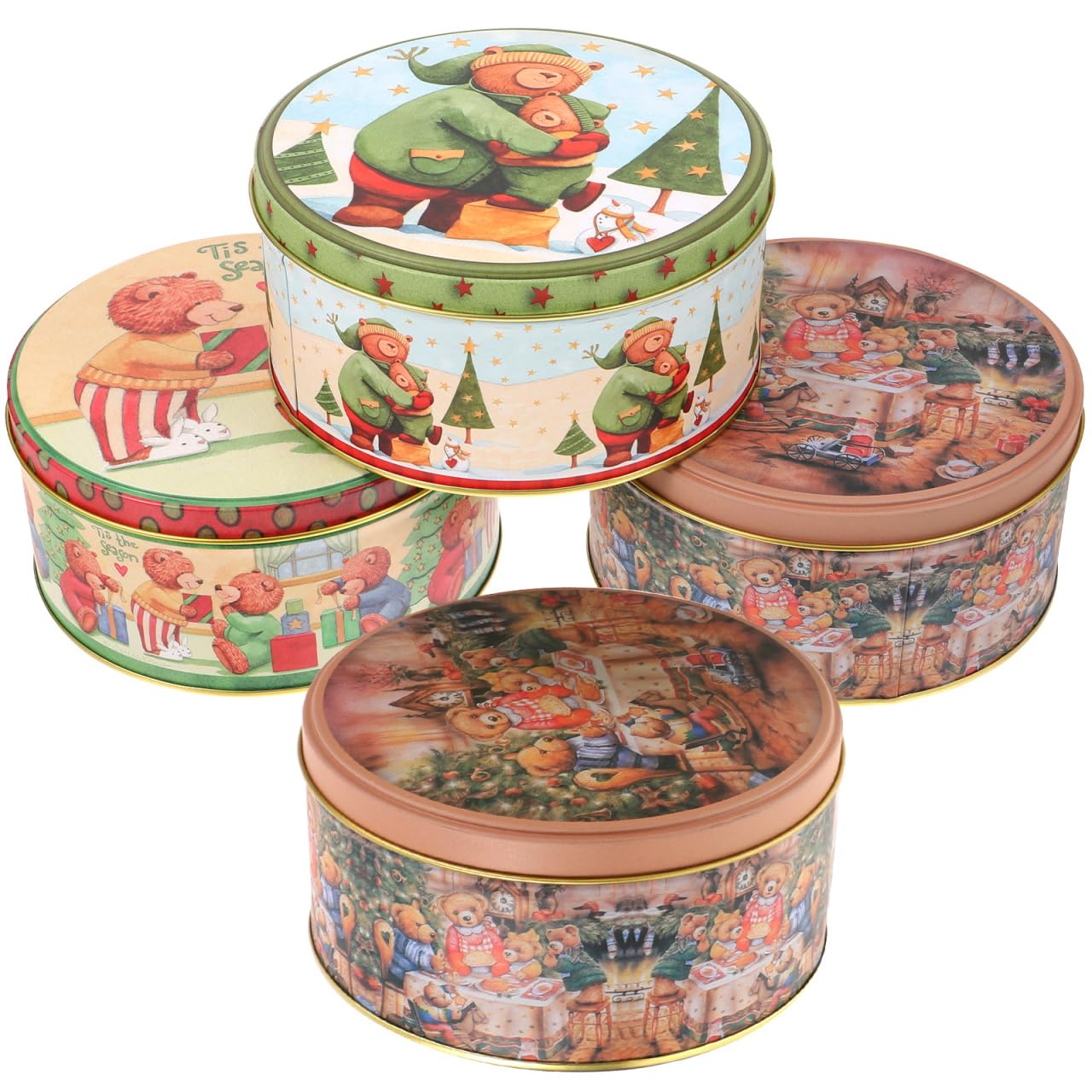 Christmas Cookie Tins with Lids, Set of 4 Round Christmas Tin Containers Large Medium Small Xmas Round Metal Nesting Containers Festive Cookie Tins for Gift Giving Holiday Treats