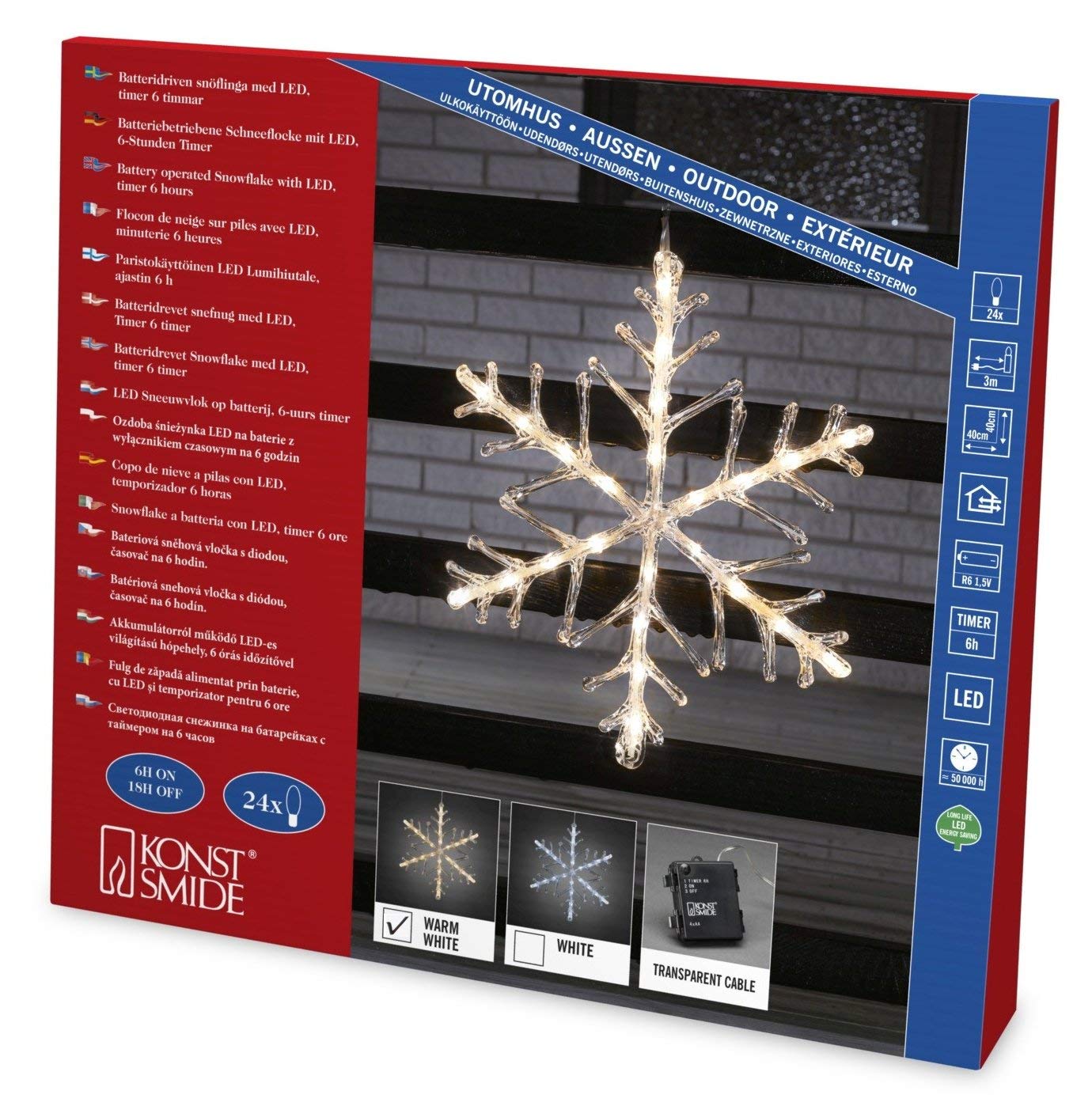 Konstsmide 4540-103 LED snowflake acrylic silhouette, outdoor (IP44), battery operated:4xAA 1.5 V (excl.), with 6 h timer, 24 warm white diode, transparent cable.