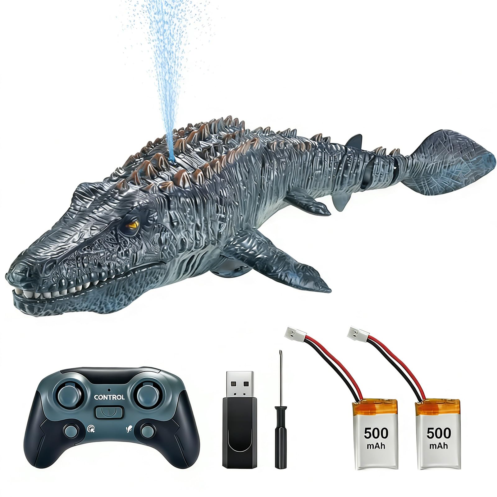 OBEST 2.4GHz Remote Control Mosasaurus Boats, RC Mosasaurus Toys Water Spray Pool and Lake Toy,RC Electric Shark Dinosaur, Grey