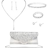 FABMODE 6 Pcs Silver Evening Clutch Purse for Wome with Rhinestone Jewelry Set - Perfect for Weddings, Proms, Parties, and Ideal Gift for Christmas or Birthday