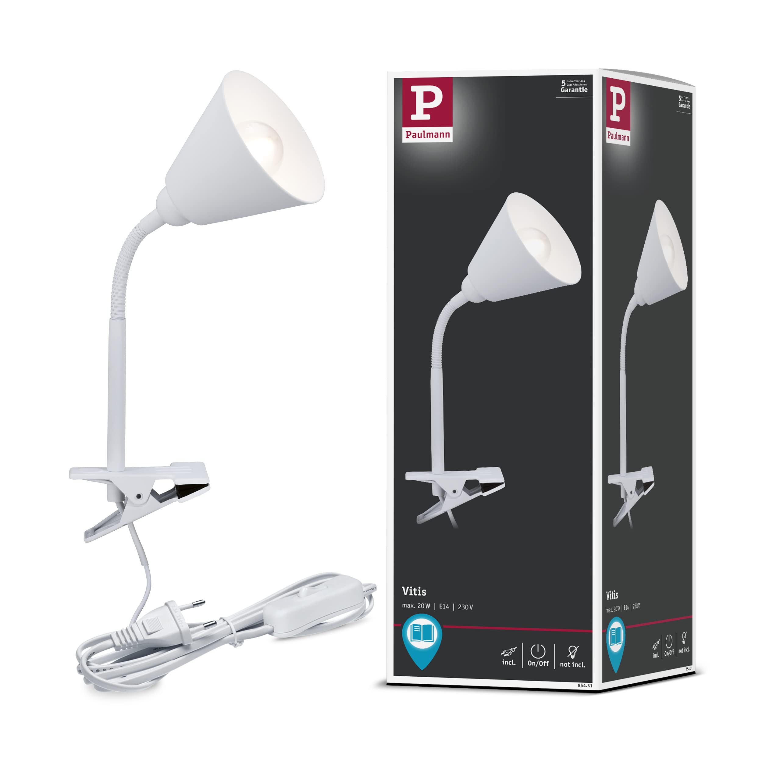 Paulmann 95431 Vitis Clip luminaire with Flexarm Round max. 20 watts lamp Cord Switch White Metal, Plastic E14