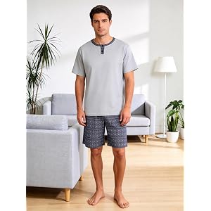 Men's Short Sleeve Pajama Set with Henley Neckline Soft Lounge Sleepwear Casual T-Shirt and Shorts Homewear for Summer