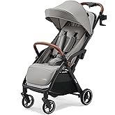 Baby Stroller, Auto-Fold Lightweight Travel Stroller for Airplane, Compact Toddler Pushchair with PU Leather Handle, Newborn to 50 lbs, Grey