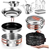 Odoland 10pcs Stainless Steel Camping Cookware Camping Pot and Pan Set with Portable Camping Stove Camping Mess Kit with Plates Bowls Forks Knives Spoons for Hiking Backpacking and Picnic