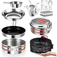 Odoland 304 Stainless Steel Camping Cookware Mess Kit with Folding Camping Stove, Ceramic Non-Stick Cooking Set with Plate,Bo