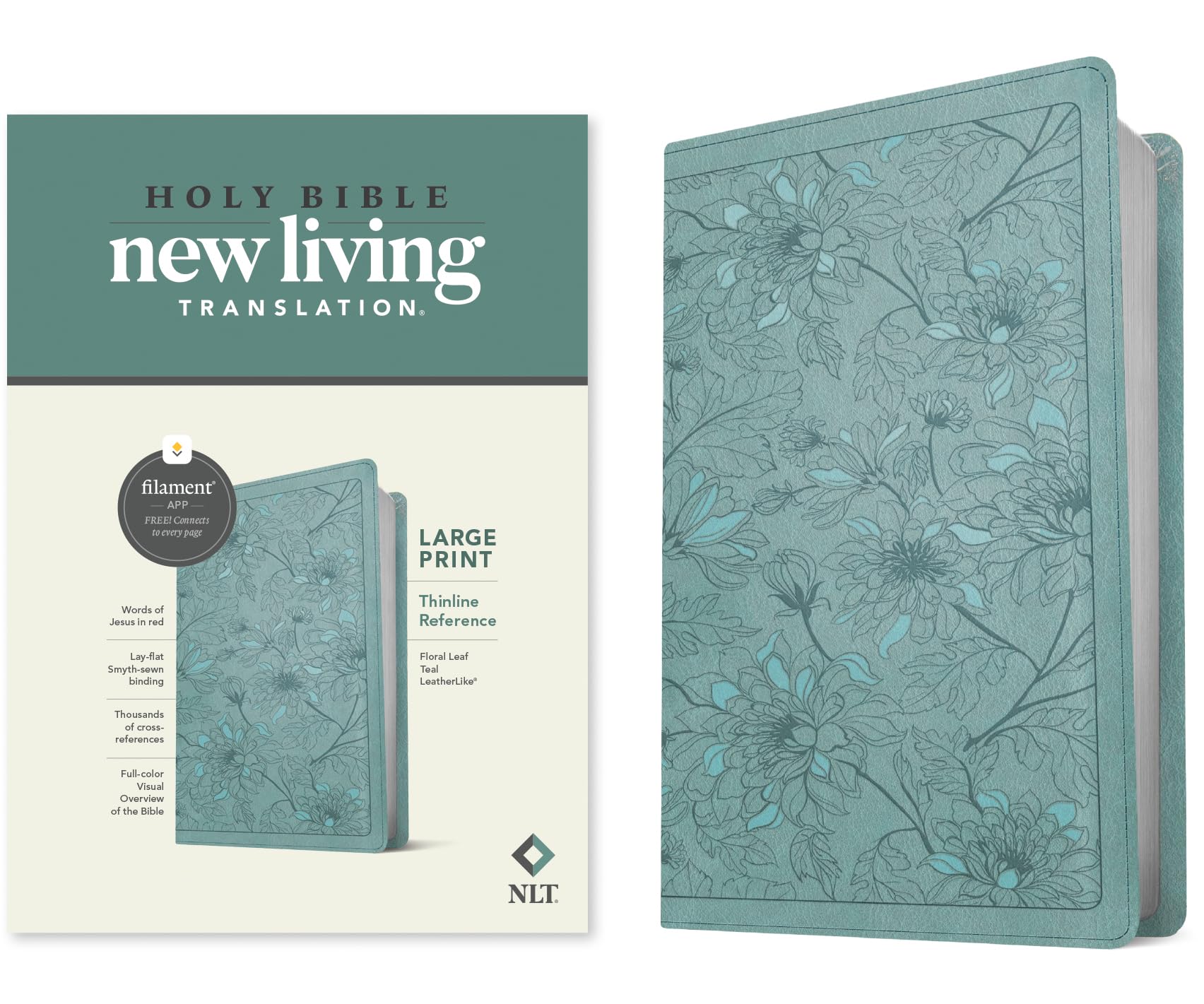 NLT Large Print Thinline Reference Bible, Filament Enabled (LeatherLike, Floral Leaf Teal, Red Letter): Includes Free Access to the Filament Bible App ... Notes, Devotionals, Worship Music, and Video