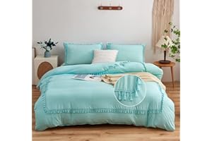 SOUKECHY 3PC Boho Chic Bedding,King Tufted Tassel Fringe Farmhouse Duvet Cover,Solid Color,100% Washed Microfiber,Lightweight for All Season(Boho Blue,King)